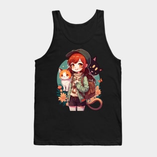 Cute Girl & Cats Kawaii Anime Orange and Black Cat Lovers Tank Top